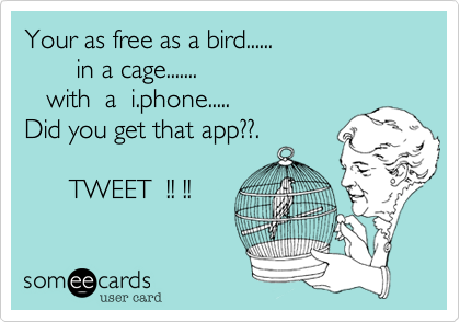 Your as free as a bird......
       in a cage.......
   with  a  i.phone.....
Did you get that app??. 

      TWEET  !! !!