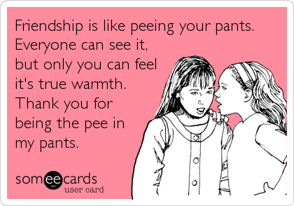 Friendship is like peeing your pants.
Everyone can see it,
but only you can feel
it's true warmth.
Thank you for
being the pee in
my pants.