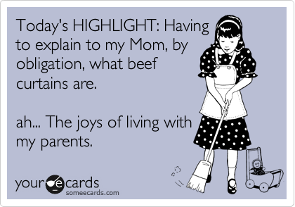Today's HIGHLIGHT: Having
to explain to my Mom, by
obligation, what beef
curtains are.  

ah... The joys of living with
my 