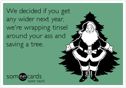We decided if you get
any wider next year,
we're wrapping tinsel
around your ass and
saving a tree.