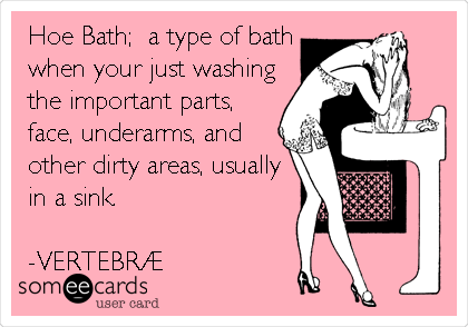 Hoe Bath;  a type of bath
when your just washing
the important parts,
face, underarms, and
other dirty areas, usually
in a sink.

-VERTEBRÃ†