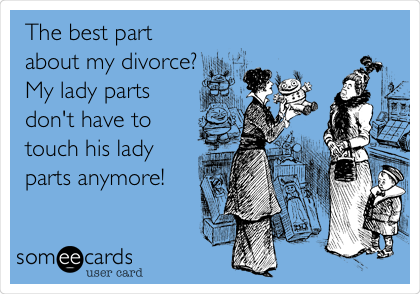 The best part
about my divorce?
My lady parts
don't have to
touch his lady
parts anymore! 