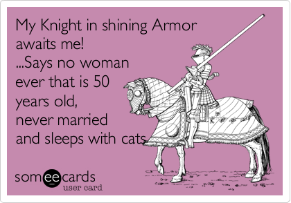 My Knight in shining Armor 
awaits me!
...Says no woman
ever that is 50
years old,
never married
and sleeps with cats 