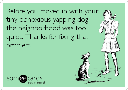 Before you moved in with your
tiny obnoxious yapping dog,
the neighborhood was too
quiet. Thanks for fixing that
problem.