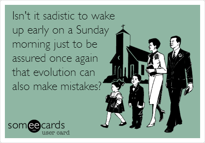 Isn't it sadistic to wake
up early on a Sunday
morning just to be
assured once again
that evolution can
also make mistakes?