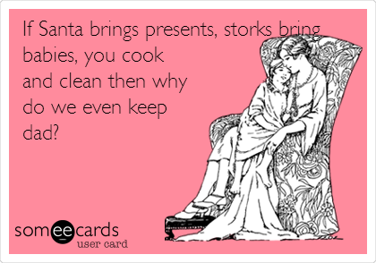 If Santa brings presents, storks bring
babies, you cook
and clean then why
do we even keep
dad?