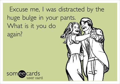  Excuse me, I was distracted by the
huge bulge in your pants.
What is it you do
again? 