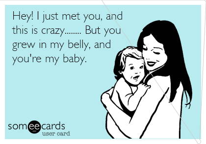 Hey! I just met you, and
this is crazy........ But you
grew in my belly, and
you're my baby.