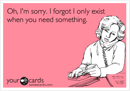 Oh, I'm sorry. I forgot I only exist
when you need something.