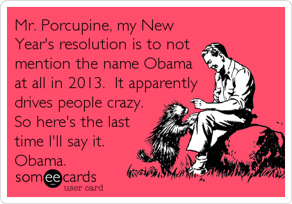 Mr. Porcupine, my New
Year's resolution is to not
mention the name Obama
at all in 2013.  It apparently
drives people crazy.
So here's the last
time I'll say it.    
Obama.