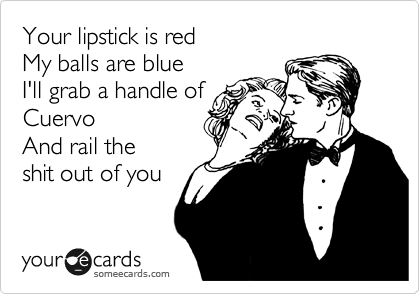 Your lipstick is red
My balls are blue
I'll grab a handle of
Cuervo
And rail the
shit out of you