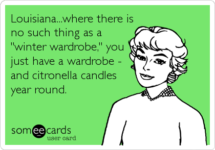 Louisiana...where there is
no such thing as a
"winter wardrobe," you
just have a wardrobe -
and citronella candles
year round.