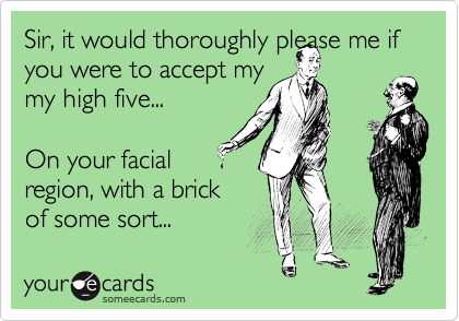 Sir, it would thoroughly please me if you were to accept my
my high five...

On your facial
region, with a brick...