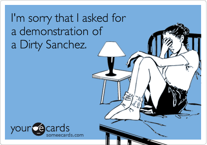I'm sorry that I asked for 
a demonstration of 
a Dirty Sanchez.

