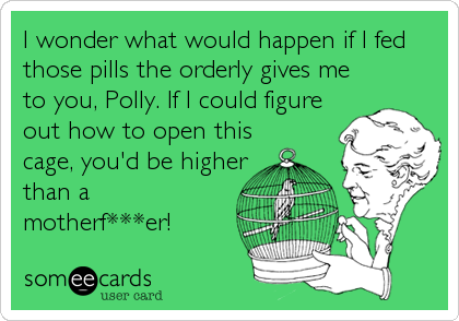 I wonder what would happen if I fed
those pills the orderly gives me
to you, Polly. If I could figure
out how to open this
cage, you'd be higher
than a
motherf***er!