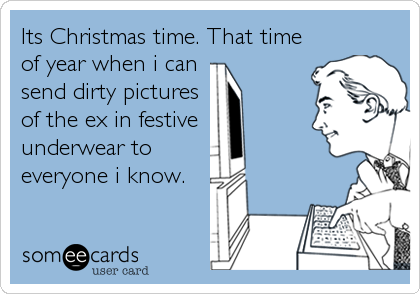 Its Christmas time. That time
of year when i can 
send dirty pictures
of the ex in festive 
underwear to
everyone i know.