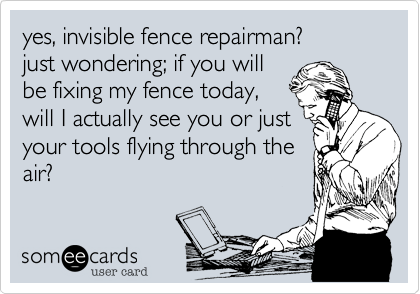 yes, invisible fence repairman?
just wondering; if you will
be fixing my fence today,
will I actually see you or just
your tools flying through the
air?