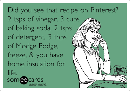 Did you see that recipe on Pinterest? 
2 tsps of vinegar, 3 cups
of baking soda, 2 tsps
of detergent, 3 tbps
of Modge Podge,
freeze, & you have
home insulation for
life.Â 
