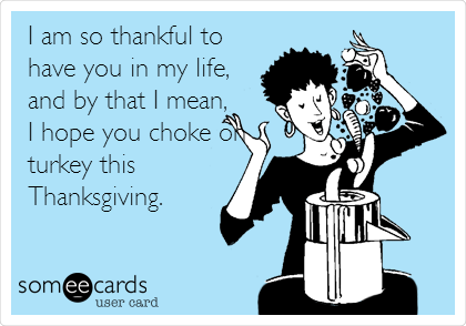 I am so thankful to
have you in my life,
and by that I mean,
I hope you choke on
turkey this
Thanksgiving. 