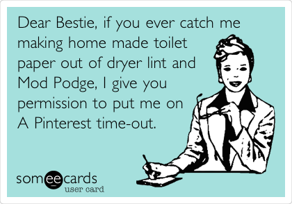 Dear Bestie, if you ever catch me
making home made toilet
paper out of dryer lint and
Mod Podge, I give you
permission to put me on
A Pinterest time-out.