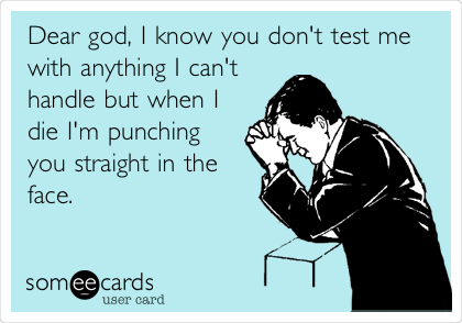 Dear god, I know you don't test me
with anything I can't
handle but when I
die I'm punching
you straight in the
face. 