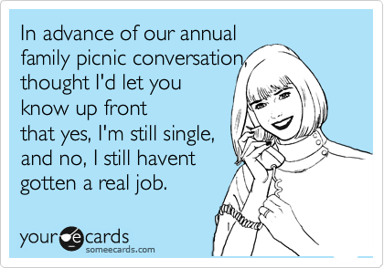 In advance of our annual
family picnic conversation,
thought I'd let you
know up front
that yes, I'm still single,
and no, I still havent
gotten a real job.