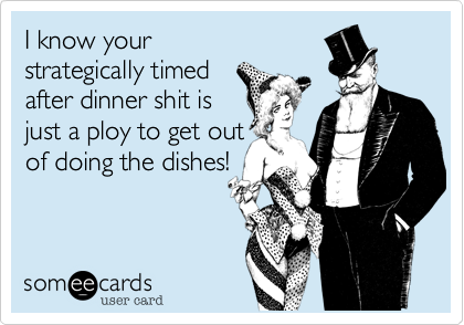 I know your
strategically timed
after diner shit is just
a ploy to get out of
doing dishes!