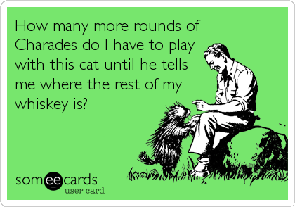 How many more rounds of 
Charades do I have to play
with this cat until he tells
me where the rest of my
whiskey is?