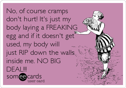 No, of course cramps
don't hurt! It's just my
body laying a FREAKING
egg and if it doesn't get
used, my body will
just RIP down the walls
inside me. NO BIG
DEAL!!!