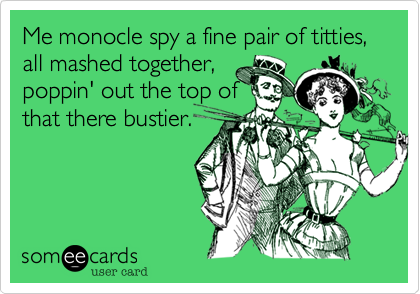 Me monocle spy a fine pair of titties%2C all mashed together%2C
poppin' out the top of 
that there bustier. 