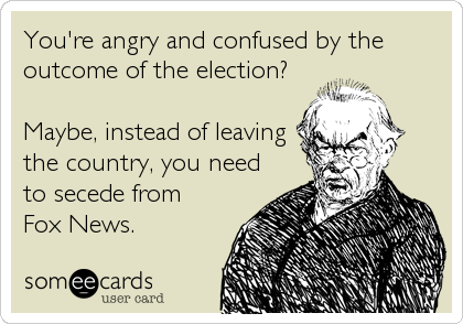 You're angry and confused by the
outcome of the election?

Maybe, instead of leaving
the country, you need
to secede from
Fox News.
