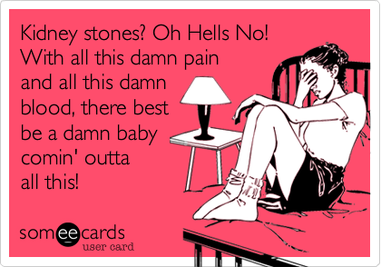 Kidney stones? Oh Hells No!
With all this damn pain 
and all this damn 
blood, there best 
be a damn baby
comin' outta
all this!