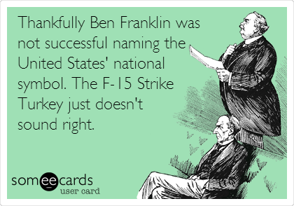 Thankfully Ben Franklin was
not successful naming the
United States' national
symbol. The F-15 Strike
Turkey just doesn't
sound right.