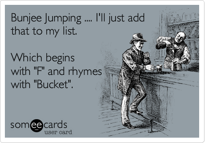 Bunjee Jumping .... I'll just add
that to my list.

Which begins
with "F" and rhymes
with "Bucket".
