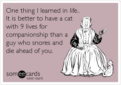 One thing I learned in life..
It is better to have a cat
with 9 lives for
companionship than a
guy who snores and
die ahead of you.