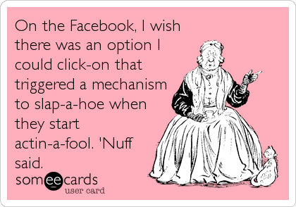On the Facebook, I wish
there was an option I
could click-on that
triggered a mechanism
to slap-a-hoe when
they start
actin-a-fool. 'Nuff
said.