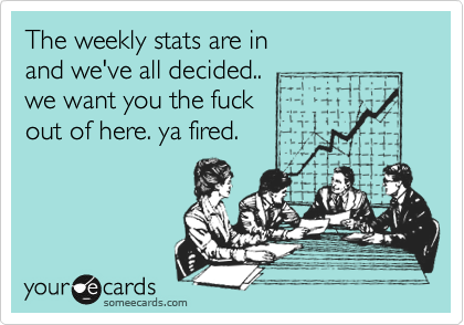 The weekly stats are in
and we've all decided..
we want you the fuck
out of here. ya fired.