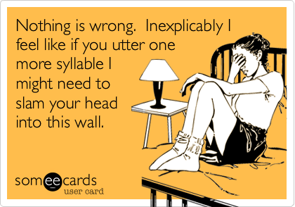 Nothing is wrong.  Inexplicably I
feel like if you utter one
more syllable I
might need to
slam your head
into this wall.