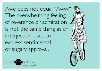 Awe does not equal "Aww!"
The overwhelming feeling
of reverence or admiration
is not the same thing as an
interjection used to
express sentimental
or sugary approval.