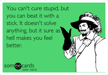 You can't cure stupid, but
you can beat it with a
stick. It doesn't solve
anything, but it sure as
hell makes you feel
better.