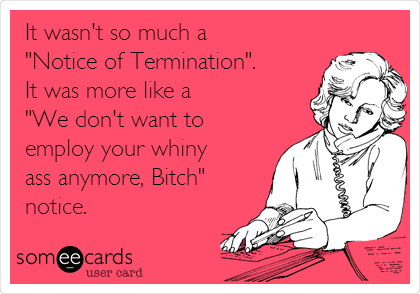 It wasn't so much a 
"Notice of Termination".
It was more like a
"We don't want to
employ your whiny 
ass anymore, Bitch" 
notice.