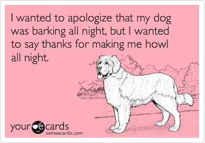 I wanted to apologize that my dog was barking all night, but I wanted to say thanks for making me howl all night.