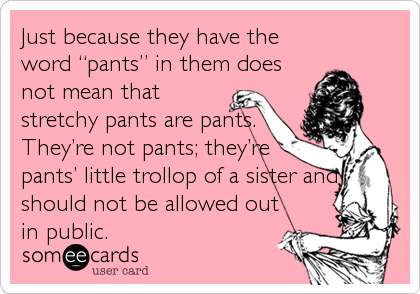 Just because they have the
word â€œpantsâ€ in them does
not mean that
stretchy pants are pants.
Theyâ€™re not pants; theyâ€™re
pantsâ€™ little trollop of a sister and
should not be allowed out
in public.