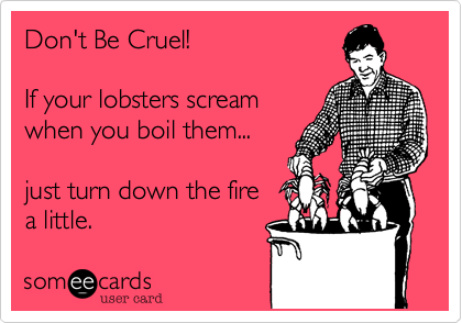 Don't Be Cruel!

If your lobsters scream
when you boil them...

just turn down the fire
a little.