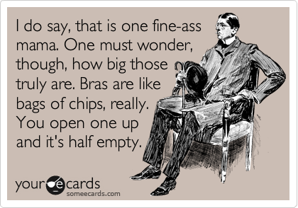 I do say, that is one fine-ass
mama. One must wonder,
though, how big those
truly are. Bras are like
bags of chips, really.
You open one up
and it's half empty.