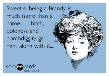 Sweetie, being a Brandy is
much more than a
name..........bitch,
boldness and
bombdiggity go
right along with it....