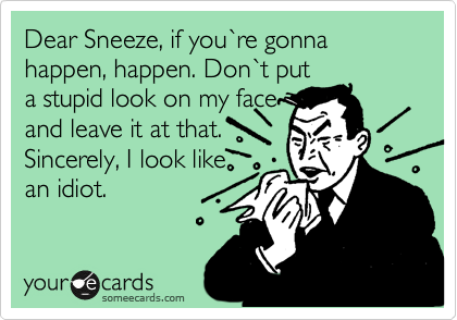 Dear Sneeze, if you`re gonna happen, happen. Don`t put
a stupid look on my face
and leave it at that.
Sincerely, I look like
an idiot.