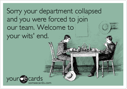 Sorry your department collapsed and you were forced to join 
our team. Welcome to 
your wits' end. 