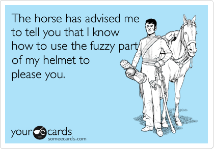 The horse has advised me
to tell you that I know
how to use the fuzzy part
of my helmet to
please you.