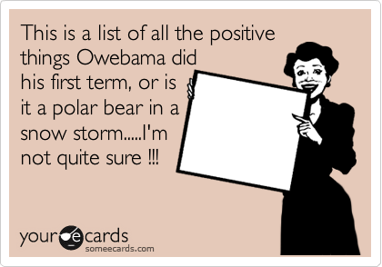This is a list of all the positive
things Owebama did
his first term, or is
it a polar bear in a
snow storm.....I'm
not quite sure !!!